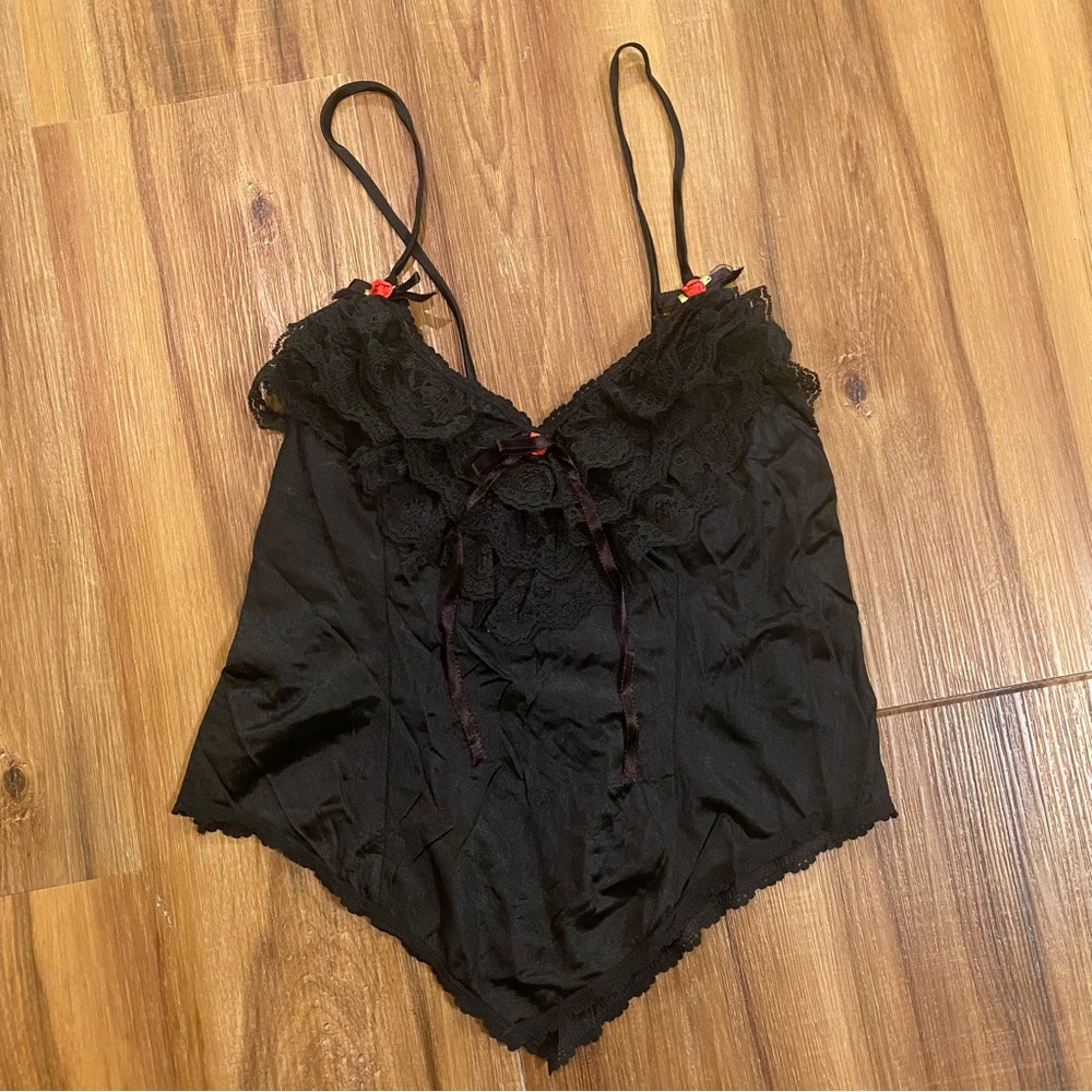 Vintage Black Ruffle Silky cami Camisole Top Size Large